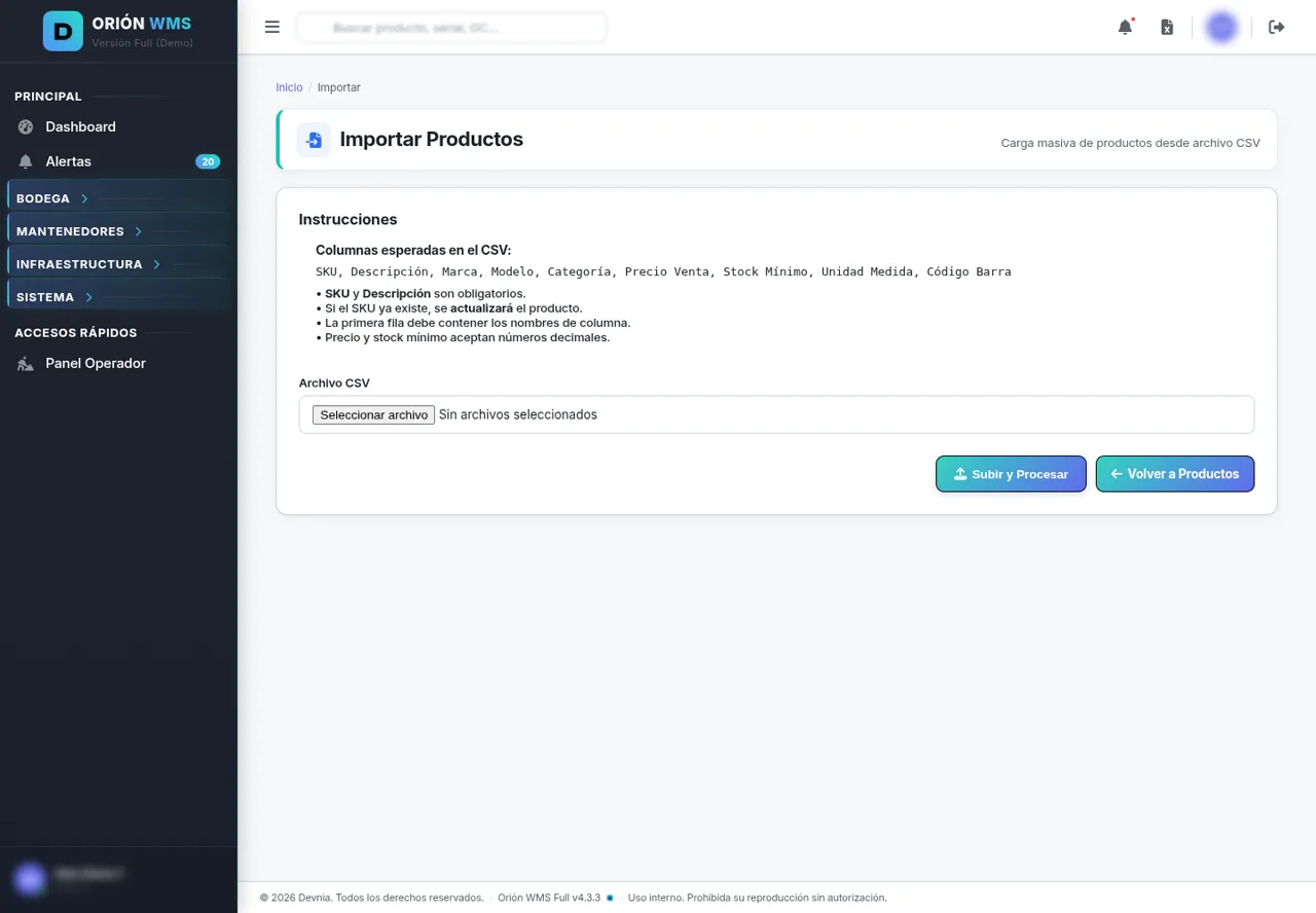 Módulo Importar de Orión WMS: carga de datos desde Excel o CSV e integración con sistemas externos.