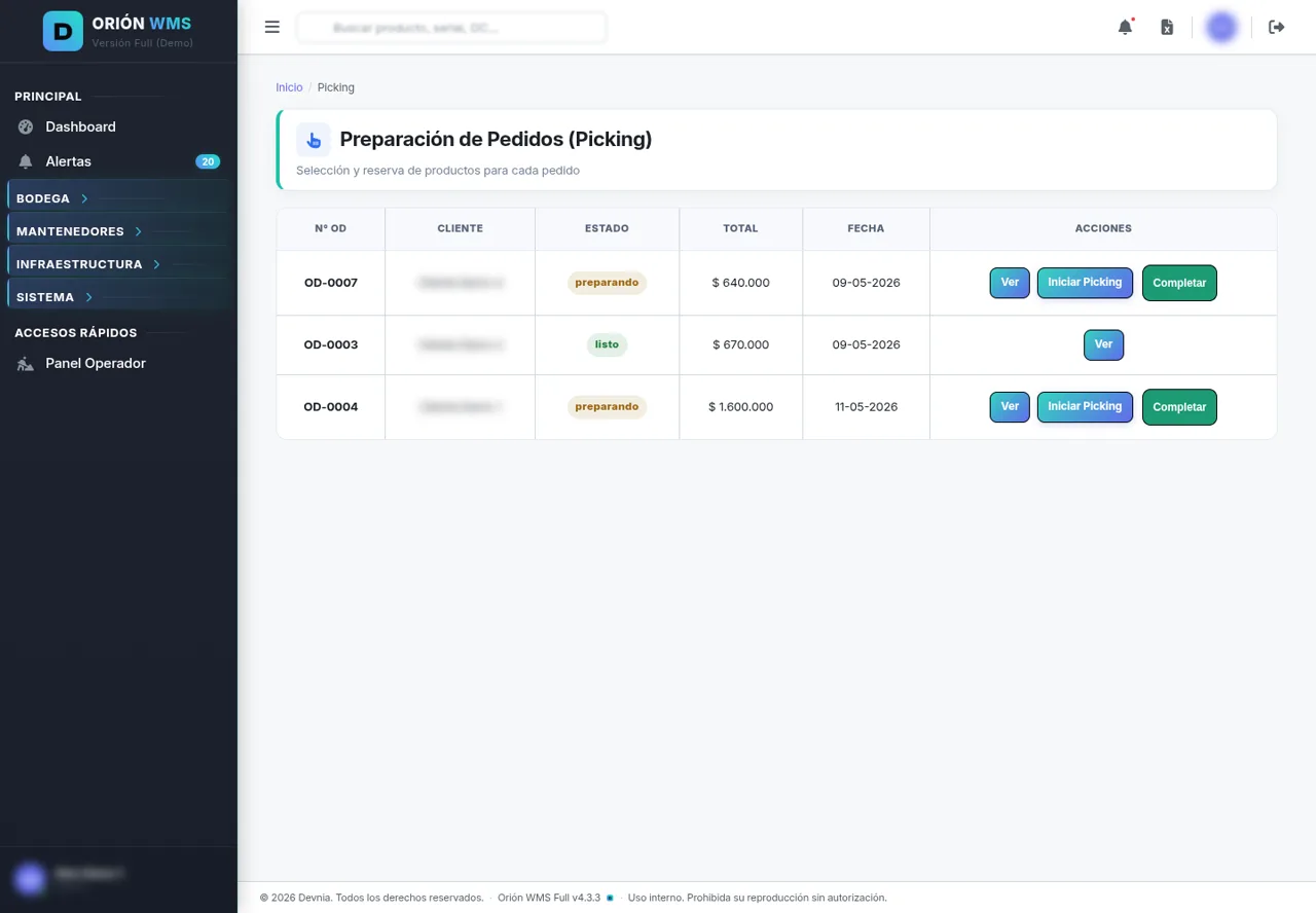 Módulo Picking de Orión WMS: preparación de pedidos con productos, cantidades y estado.